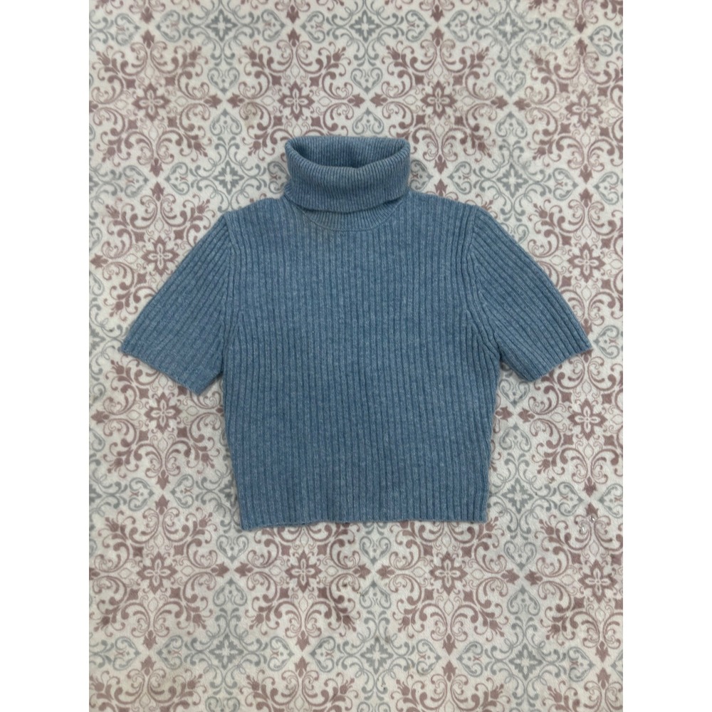 Zara Womens Blue Ribbed Short Sleeve Turtleneck Knit Sweater Top Small